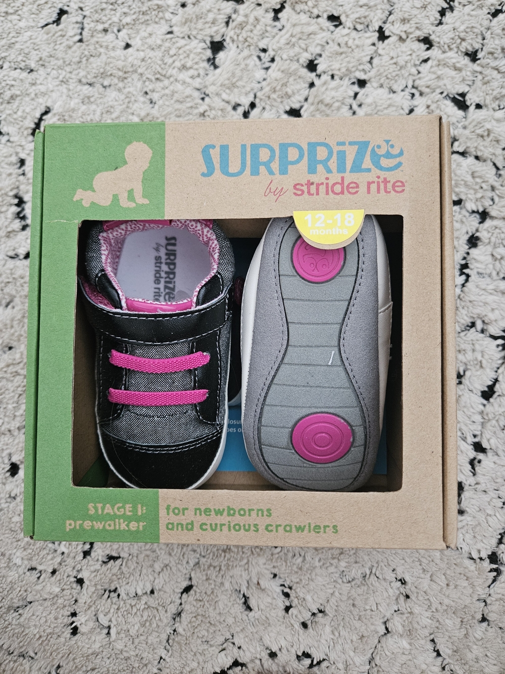 NWT Stride Rite Surprize Black and Pink Baby Prewalker Shoes